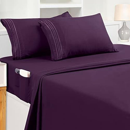  Queen Sheet Set – Soft Microfiber 4 Piece Luxury Bed Sheets With Deep Pockets - Embroidered Pillow Cases - Side Storage Pocket Fitted Sheet - Flat Sheet (Grey)