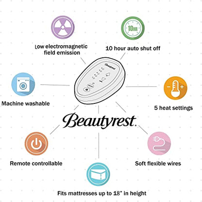  Beautyrest Cotton Blend Heated Mattress Pad Secure Comfort Technology - Luxury Quilted Electric Mattress Pad With Deep Pocket - 5-Setting Heat Controllers, Twin XL , White