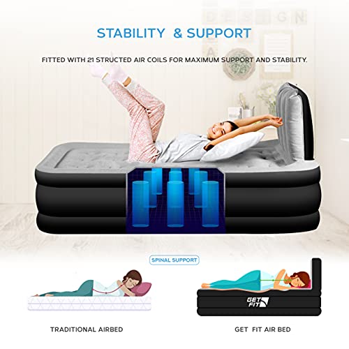  Air Bed With Built In Electric Pump - Premium Twin Airbed - Quick Blow Up Bed With Headboard & Free Inflatable Pillow - Elevated Inflatable Air Mattress For Outdoor, Camping - Black/Grey