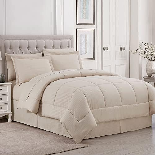  Queen Comforter Set 8 Piece Bed In A Bag With Bed Skirt, Fitted Sheet, Flat Sheet, 2 Pillowcases, 2 Pillow Shams, Queen, Dobby Navy