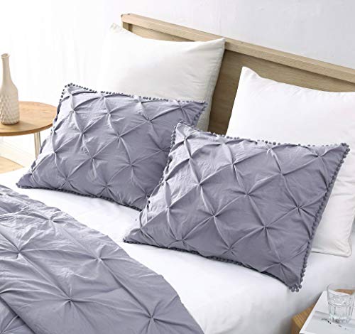  Chezmoi Collection Natalia 3-Piece Pom Poms Fringe Pinch Pleat Duvet Cover Set - Hypoallergenic Soft Washed Microfiber Comforter Cover With Button Closure And Corner Ties - Queen, Purple