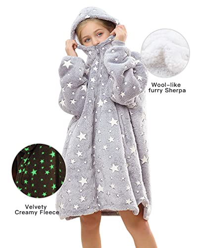  Uttermara Wearable Blanket Hoodie, Zipper Oversized Hoodie Blanket For Kids, Sherpa Hooded Blanket With Hood, Pocket & Sleeve, One Size Fits All, Stars Print Glow In The Dark