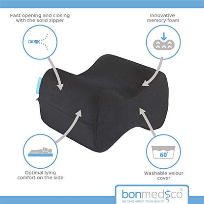  Bonmedico Knee Pillow Knee Support - Home Office Side Sleeper Pillow For Between Legs When Sleeping, Soft Memory Foam Made For Sciatica Pain Relief And Back Pain Relief, Black
