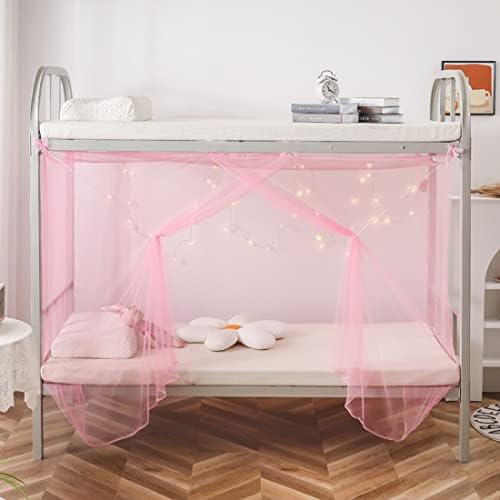  Mengersi Student Bed Canopy, Bunk Bed Nets Bed Canopy Fly Screen Square Bed Curtains Mosquito Nets For Teens Indoor Outdoor (Twin, Pink)