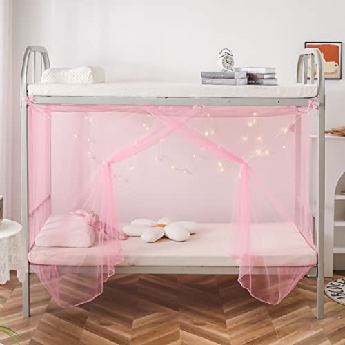  Mengersi Student Bed Canopy, Bunk Bed Nets Bed Canopy Fly Screen Square Bed Curtains Mosquito Nets For Teens Indoor Outdoor (Twin, Pink)