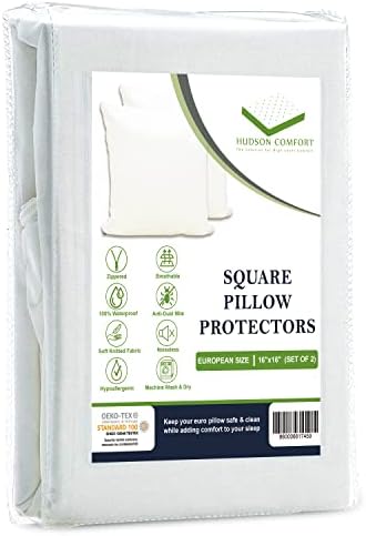  Hudson Comfort 20x20 Pillow Protector - 100% Waterproof, Prevents Feathers From Popping, European Square Zippered Pillow Covers (2 Pack, 20x20 Inch)