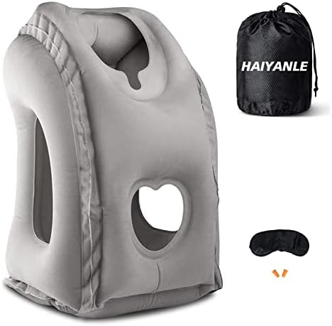  HAIYANLE Inflatable Travel Pillow - Multifunctional Travel Pillow For Adult Chin Supporting Travel Neck Pillow Airplane Sleeper Office Napping Pillow With Eye Mask, Earplugs And Portable Bag