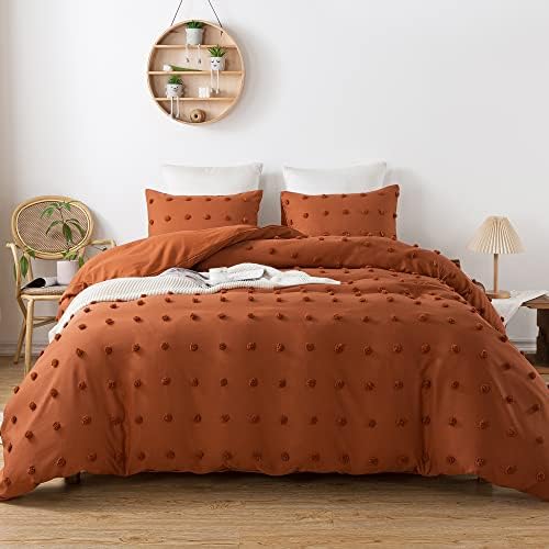  White Tufted Dot Duvet Cover Queen Size (90x90 Inch), 3 Pieces (1 Jacquard Duvet Cover, 2 Pillowcases) All Season Soft Washed Microfiber Duvet Cover Set With Zipper Closure, Corner Ties