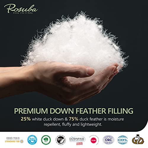  Goose Feather Down Comforter Queen Size, Ultra-Soft All Season Down Duvet Insert, Cotton Cover, 55oz Fill Weight Goose Down Comforter With Storage Bag (90x90)