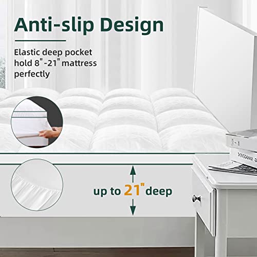  Bamboo Mattress Topper Queen Size, Cooling Breathable Extra Thick Mattress Pad Cover For Back Pain Relief Down Alternative Overfilled Plush Pillow Top With 8-21 Inch Deep Pocket