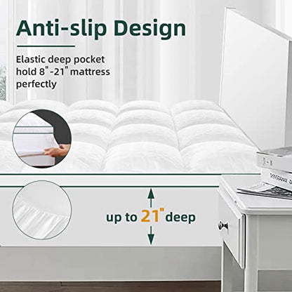  Bamboo Mattress Topper Queen Size, Cooling Breathable Extra Thick Mattress Pad Cover For Back Pain Relief Down Alternative Overfilled Plush Pillow Top With 8-21 Inch Deep Pocket
