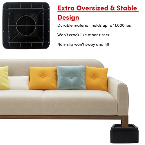  DEDU Oversized Bed Risers Heavy Duty Stackable 4 Pack, Furniture Risers For Sofas 3 Inch Or 6 Inch Supports Up To 11000 Lbs, Square Bed Raising Blocks Fits 5.5 Inch Wide Desk Or Couch (Black)