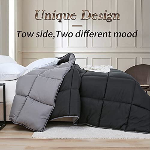 Ousidan Reversible Comforter Twin Size Down Alternative Quilt With Corner Tabs,Brushed Microfiber Cover Black/Dark Grey Comforter,Machine Washable,68x90Inches