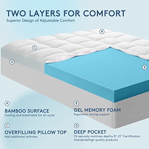  Dual Layer 4 Inch Memory Foam Mattress Topper Queen Size, Breathable & Medium Support, 2 Inch Cooling Gel Memory Foam & 2 Inch Bamboo Pillow Top Mattress Pad Cover For Back Pain