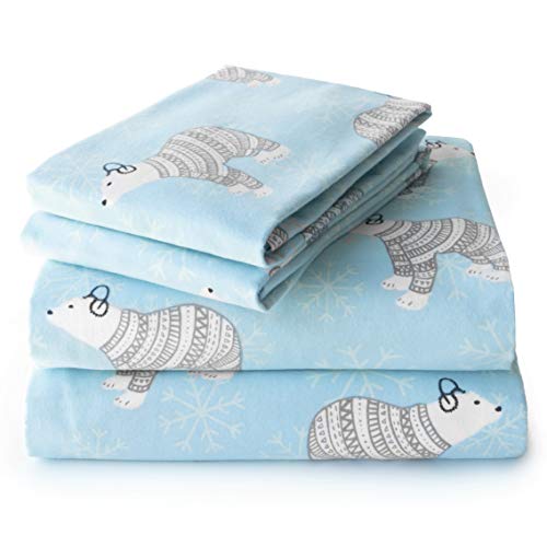  - Queen Flannel Sheets Complete Set - Includes Flat Sheet/Fitted Bed Sheet/ 2 Pillow Cases, Warm And Cozy Winter Sheets - Polar Bears