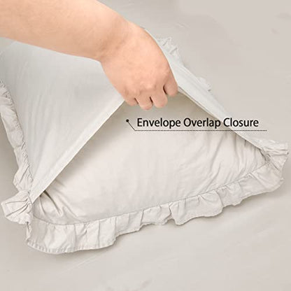  PHF 100% Washed Cotton Ruffle Pillowcases Standard Size, 2 Pack 20" X 26" Pillow Shams, No Insert, Ultra Soft Cotton Linen Like Pillow Cases,Decorative Farmhouse Bedding Pillow Covers, Linen
