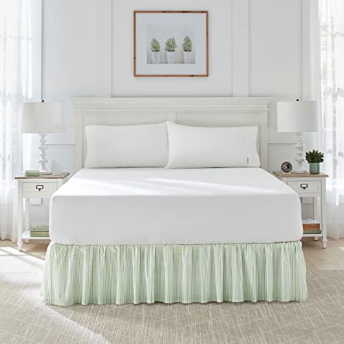 Laura Ashley Home - Cotton Ruffled Bedskirt, Lightweight & Classic Style (Ticking Stripe Green, King)