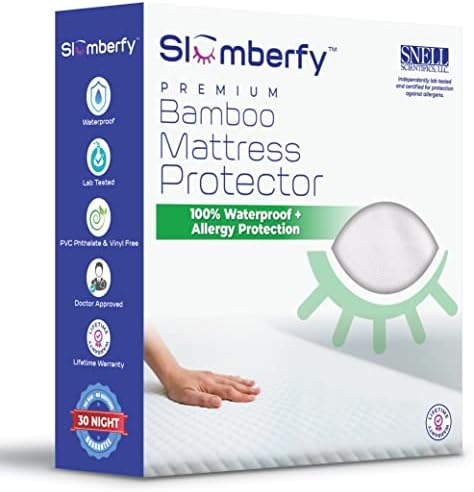  Waterproof Mattress Protector By Slumberfy | Hypoallergenic Bamboo Mattress Protector | Natural + Breathable Jacquard Fabric | Queen Mattress Cover – 60x80”