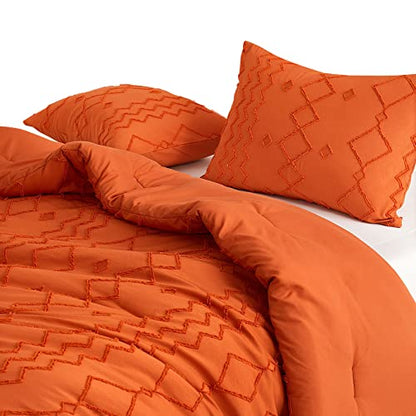  Wake In Cloud - Burnt Orange Comforter Set, Boho Tufted Textured Shabby Chic Farmhouse Bohemian Geometric Design, Soft Microfiber Bedding (3pcs, Queen Size)