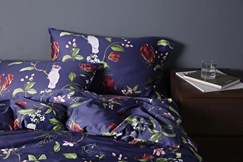  Exotic Modern Floral Print Bedding Birds Flowers Dusty Grey Design 100% Cotton Duvet Cover 3pc Set Hibiscus Blossom Branches In Muted Gray Blue (King, Egret White)