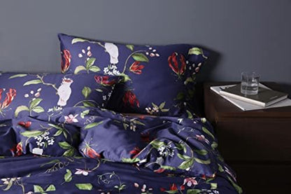  Exotic Modern Floral Print Bedding Birds Flowers Dusty Grey Design 100% Cotton Duvet Cover 3pc Set Hibiscus Blossom Branches In Muted Gray Blue (King, Egret White)