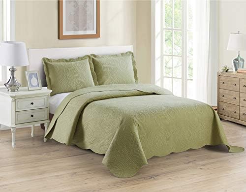  Better Home Style 3 Piece Luxury Ultrasonic Embossed Floral Design Solid Color Quilt Coverlet Bedspread Oversized Bed Cover Set # Mimi (Sage Green, King/Cal-King)