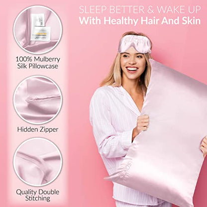  Mulberry Silk Pillowcase For Hair And Skin With Hidden Zipper, 22 Momme 100% Real Silk Pillow Case With Sleep Mask, Premium Grade 6A Silk Promotes Soft Skin, 900 Thread Count (Pink, Queen)