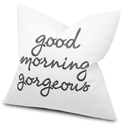  EURASIA DECOR Set Of 2 Pcs Hello Handsome Good Morning Gorgeous Embroidered Square Accent Throw Pillow Cover - Gift For Wedding, Couple, Anniversary, Bedroom Decor - 18x18 Inches, Ivory
