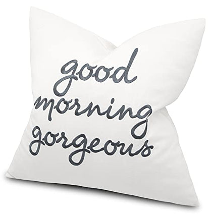  EURASIA DECOR Set Of 2 Pcs Hello Handsome Good Morning Gorgeous Embroidered Square Accent Throw Pillow Cover - Gift For Wedding, Couple, Anniversary, Bedroom Decor - 18x18 Inches, Ivory