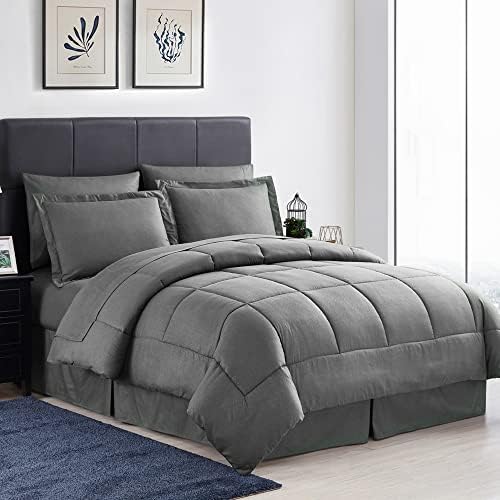  Queen Comforter Set 8 Piece Bed In A Bag With Bed Skirt, Fitted Sheet, Flat Sheet, 2 Pillowcases, 2 Pillow Shams, Queen, Dobby Navy