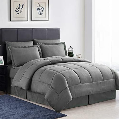  Queen Comforter Set 8 Piece Bed In A Bag With Bed Skirt, Fitted Sheet, Flat Sheet, 2 Pillowcases, 2 Pillow Shams, Queen, Dobby Navy