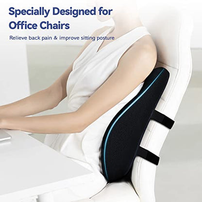  Lumbar Support Pillow For Office Chair, Cooling Memory Foam Lumbar Pillow For Back Pain Relief, Ergonomic Back Support Pillow With Dual Extension Straps For Car, Couch, Recliner, Gaming Chair, Black
