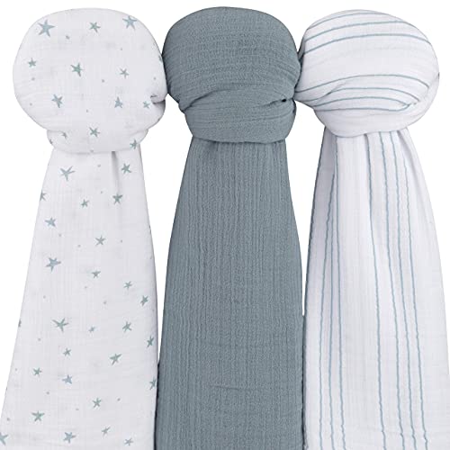  Ely's & Co. Muslin Swaddle Blanket 3-Pack For Baby Boy— 100% Cotton Muslin Extra-Large Swaddle Blankets (47”x 47”) — (Misty Blue Stars│Solid│Stripes)