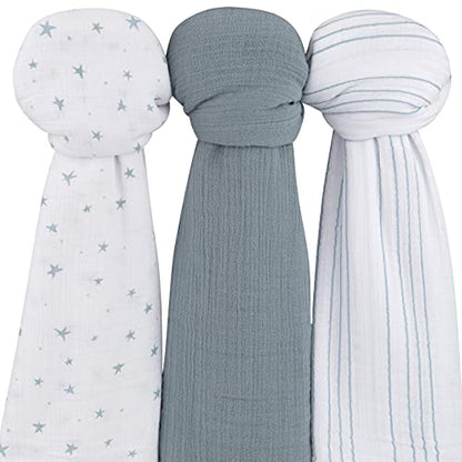  Ely's & Co. Muslin Swaddle Blanket 3-Pack For Baby Boy— 100% Cotton Muslin Extra-Large Swaddle Blankets (47”x 47”) — (Misty Blue Stars│Solid│Stripes)