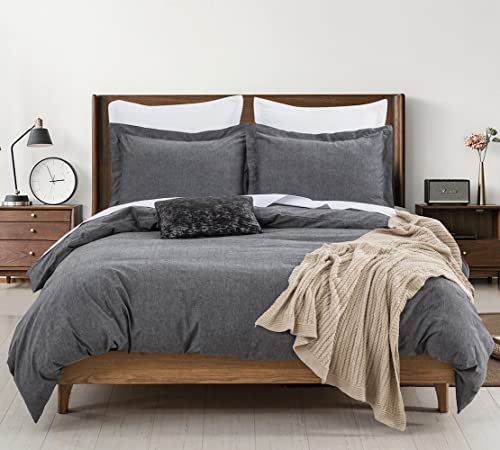  Duvet Cover Set (Cal. King 104"X96" Cover + 2 Pillowcases), Charcoal Washed Cotton Bedding, Zipper Closure