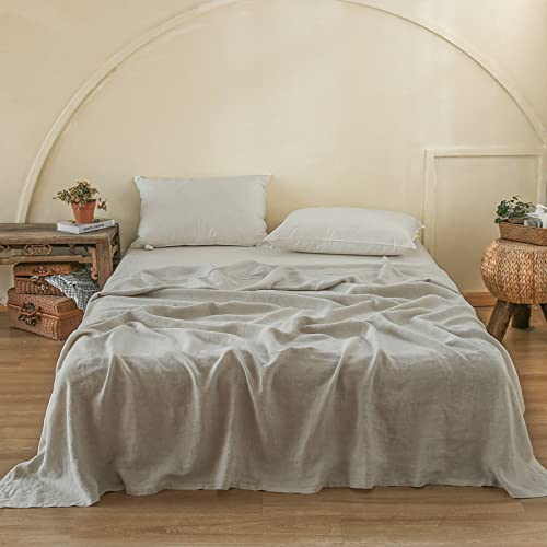  Simple&Opulence French Linen Flat Sheet With Embroidered Border-100% Stone Washed Flax Bedding,Queen Size(90''x102'') Ultra Soft,Breathable Flat Top Sheet-1 Piece Bed Flat Sheet Only(Linen)