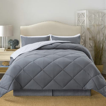  ELNIDO QUEEN 3 Pieces Comforter Set (Queen, Grey & Dark Grey) - 1 Reversible Down Alternative Comforter With 2 Pillow Shams - Soft Lightweight Duvet Insert | 88x92 Inch