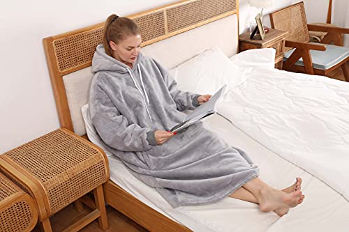  Oversized Sherpa Wearable Blanket Hoodie Long Soft Flannel Plush Blanket Sweatshirt Birthday Gifts For Men And Women 47 Inch (Gray)