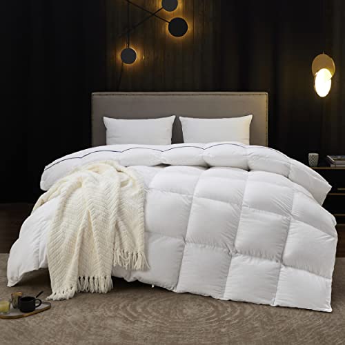  Goose Down Comforter Queen Size - Feather Down Comforter Queen For All Seasons, Extra Fluffy Queen Duvet Insert, 8 Corner Tabs, Machine Washable (90x90 Inches, 53 Oz)