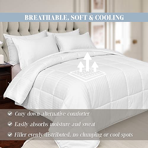  Elegant Comfort Premium Hotel Quality 1200 Thread Count 100% Egyptian Cotton, 3-Piece Stripe Down Alternative Cotton Comforter Set - Box Stitched - Duvet Insert With 4 Corner Tabs, Full, White