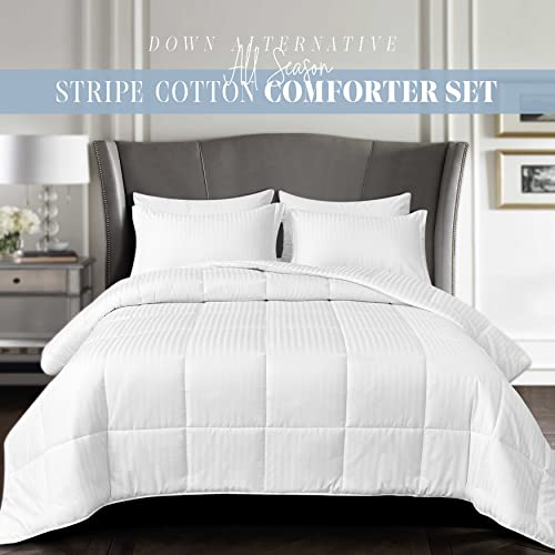  Elegant Comfort Premium Hotel Quality 1200 Thread Count 100% Egyptian Cotton, 3-Piece Stripe Down Alternative Cotton Comforter Set - Box Stitched - Duvet Insert With 4 Corner Tabs, Full, White