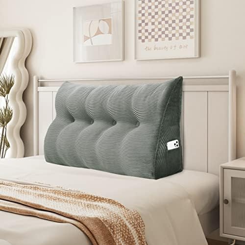  YXCSELL Headboard Wedge Pillow Triangular Bolster Pillows For Daybed Sofa Cushion Corduroy Large Support Backrest Bedrest Reading Pillow Lumbar Positioning Upholstered (Grey,Twin)