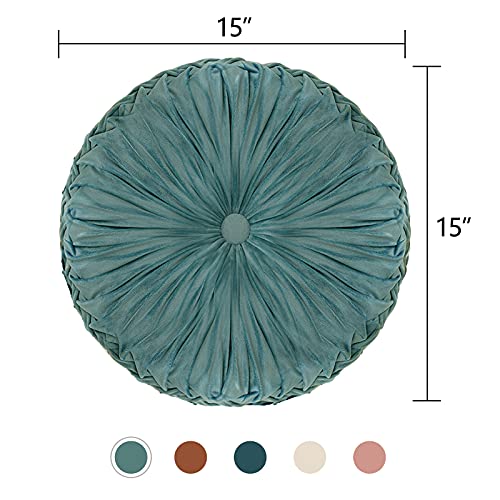 Round Cushions Pillows 15" Large Velvet Floor Couch Pillow Handcrafted Pleated Round Throw Pillow Decoration For Chair Sofa Bed And Car, 1 Pack, Light Teal