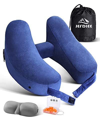 JefDiee Neck Pillow For Travel Inflatable Airplane Pillow Comfortably Supports Head, Neck And Chin, Inflatable Travel Pillow With Soft Velour Cover And Portable Luxury Bag (Blue)