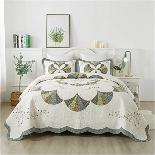  100% Cotton Luxury Decorative Bedspread With Multi Print Floral Patchwork Quilt, Soft & Oversized Coverlet, King 110x96”, Ivory & Brown