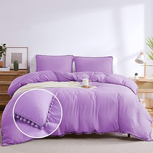  Pink Duvet Cover Queen Size, 3 Pieces Soft Washed Microfiber Duvet Cover Set With Boho Pom Pom Fringe, Pink, 90x90 Inches