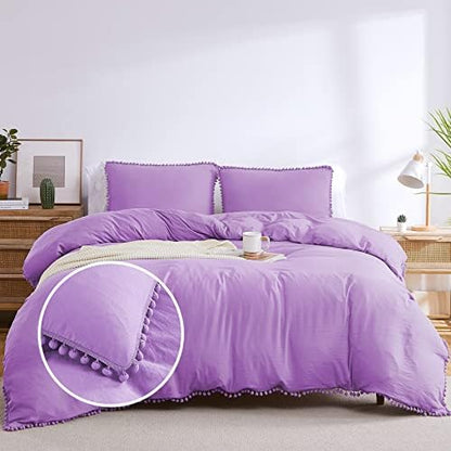  Pink Duvet Cover Queen Size, 3 Pieces Soft Washed Microfiber Duvet Cover Set With Boho Pom Pom Fringe, Pink, 90x90 Inches