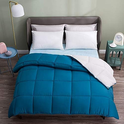  Eversible Down Alternative Quilted Comforter, Hypoallergenic & Lightweight For Spring, Duvet Insert With Corner Tabs, Full/Queen Size, Teal Blue/White