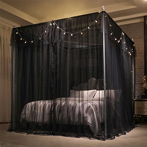  VETHIN 4 Corners Post Ruffle Princess Bed Canopy Curtain-Double Layer Cozy Drape Netting 4 Opening Mosquito Net For Girls Adults Bedroom Decoration (Double-Black,64" W*82" L*82"*H/Queen)