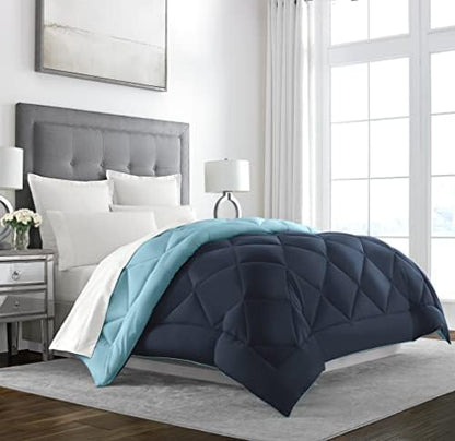  Sleep Restoration All Seasons Queen/Full Size Comforter - Reversible -  Cooling, Lightweight Summer Down Comforter Alternative - Hotel Quality Bedding Comforters - Navy/Sleet